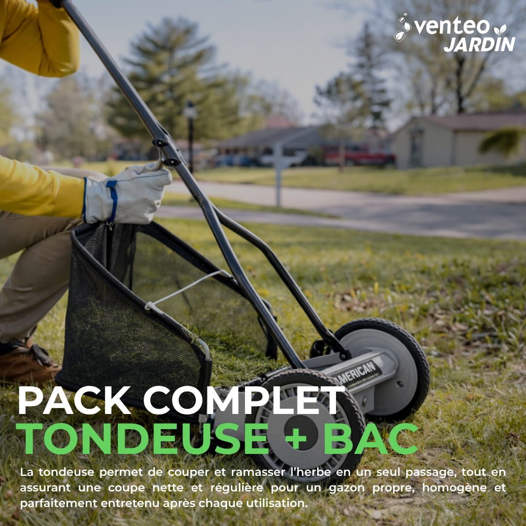 Pack tondeuse manuelle hélicoïdale 5 lames et bac ramassage