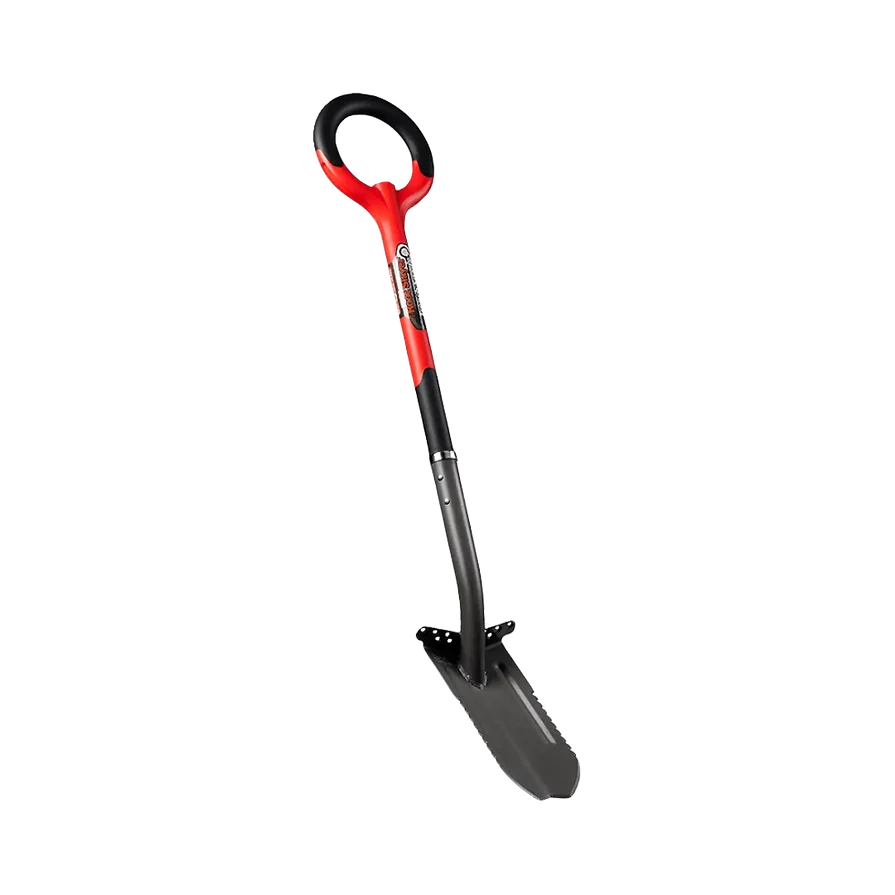 Pelle de jardin ergonomique rouge et noire avec manche circulaire, outil de jardinage renforcé.