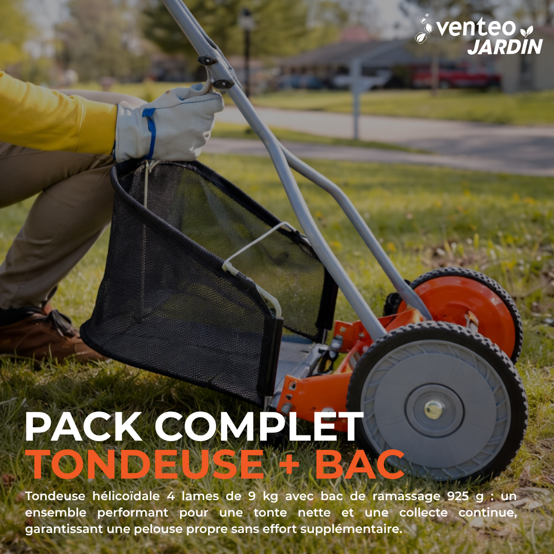 Pack tondeuse manuelle hélicoïdale 4 lames et bac ramassage